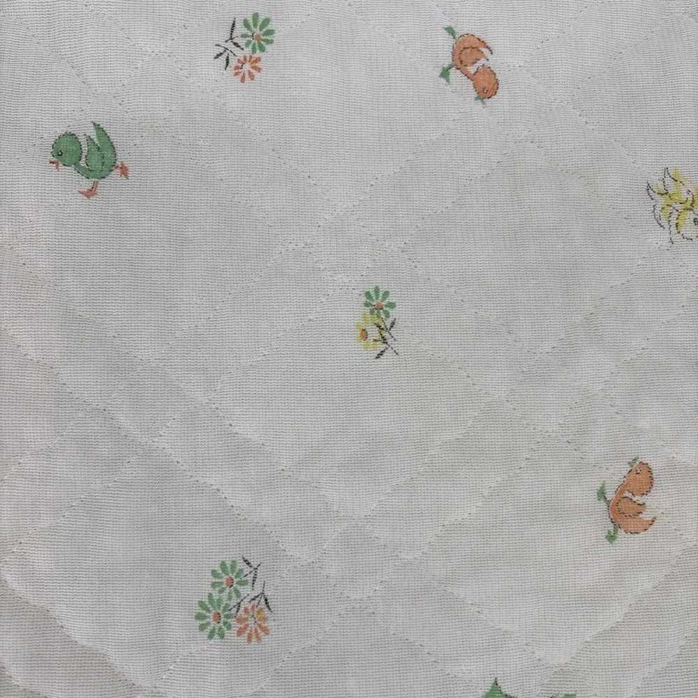 Vintage 70s  Acrylic Baby Blanket Satin Trim Woodland Mushrooms Dear Bunny Chick